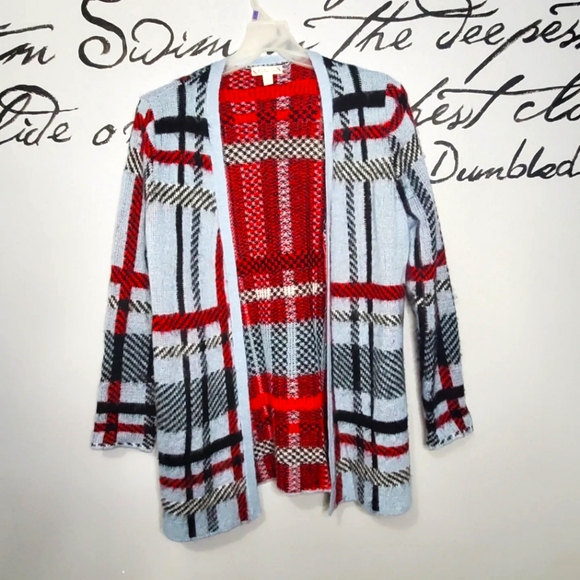 It's Our Time Blue Plaid Fuzzy Open Front Cardigan, Red, Gray & Black, XL - Picture 1 of 6